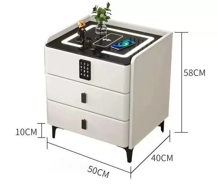 

Smart Bedside Table with Three Drawers, Combination Lock, and Wireless Charging Speaker, Suitable for Hotel Rooms.