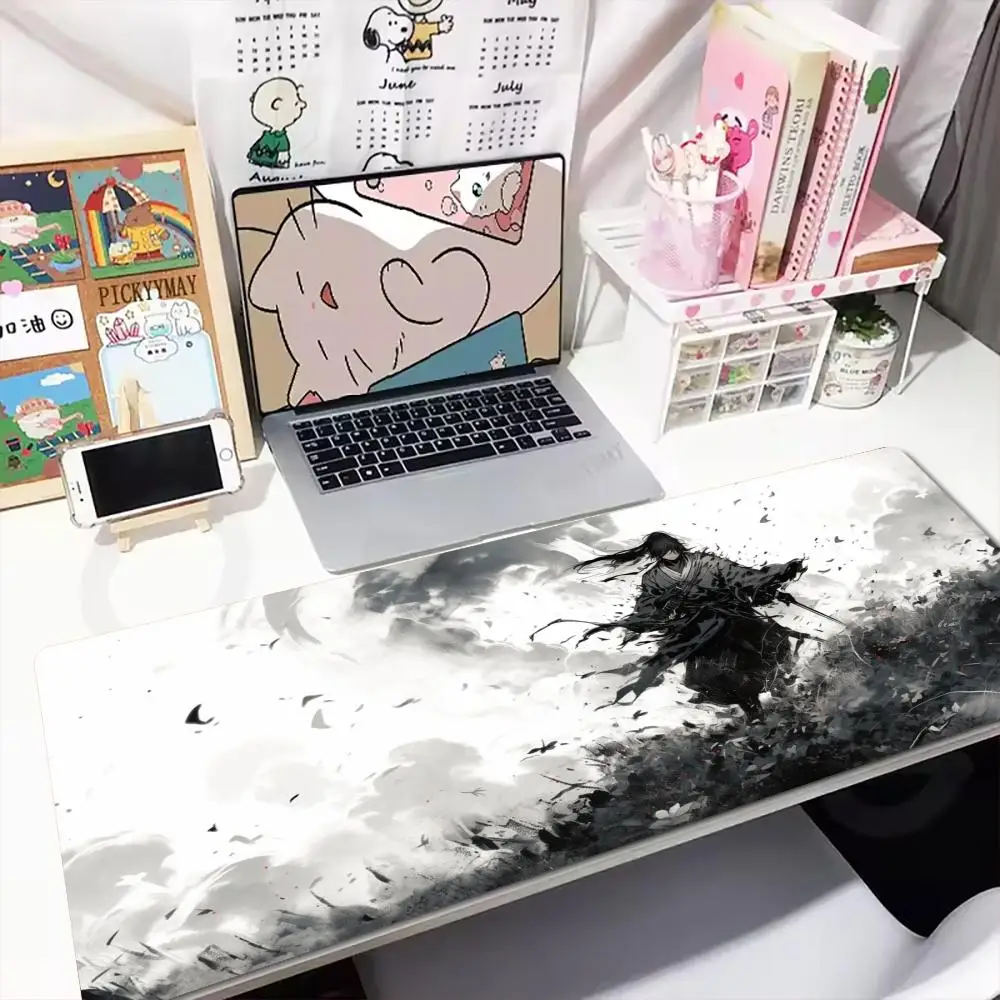 Large Gaming Mouse Pad XXL Ink Wash Samurai Warrior Katana Asian Art Desk Mat Non-Slip Rubber Computer Keyboard Mouse Mats