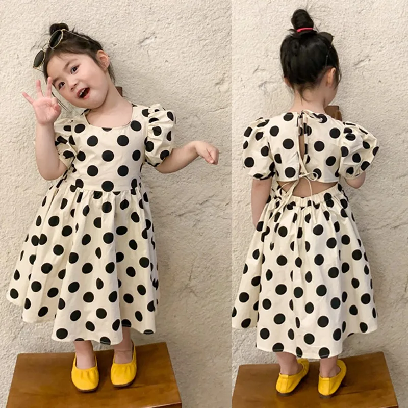 Summer Girls Dresses Polka Dot Print Princess Dress Baby Kids Children\'s Clothing Puff Sleeve Backless Beach Dresses