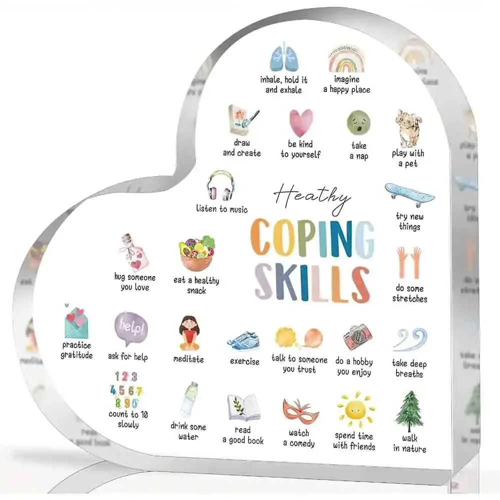 Clear Heart Shaped Acrylic Stand Coping Skills List Therapy Office Mental Wellness Table Sign