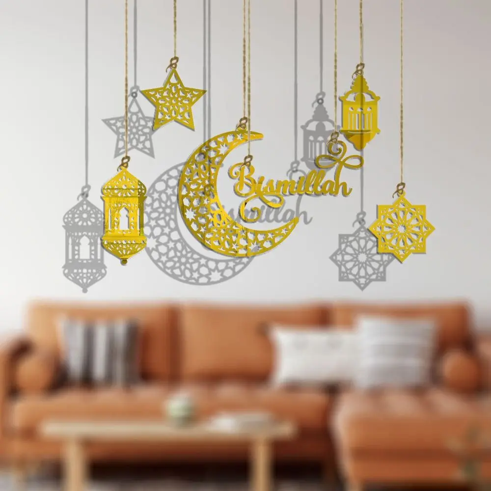 Pendentif Eid Mubarak en acrylique creux, pendentif étoile lune 3D, miroir mural, décoration de confrontation créative