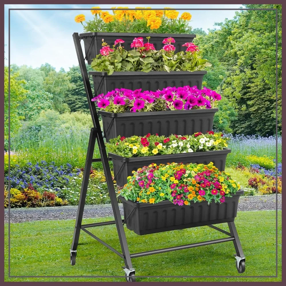 

5-Tier Elevated Garden Bed with Lockable Caster Wheels - Freestanding Vertical Raised Bed with 5 Planter Boxes for Vegetables Herbs Flowers Indoor(Black)