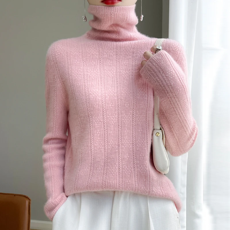 New Women's High-Neck Knit Sweater 100% Wool Base Layer Autumn/Winter Seamless Connected Neck Design Fashion Casual