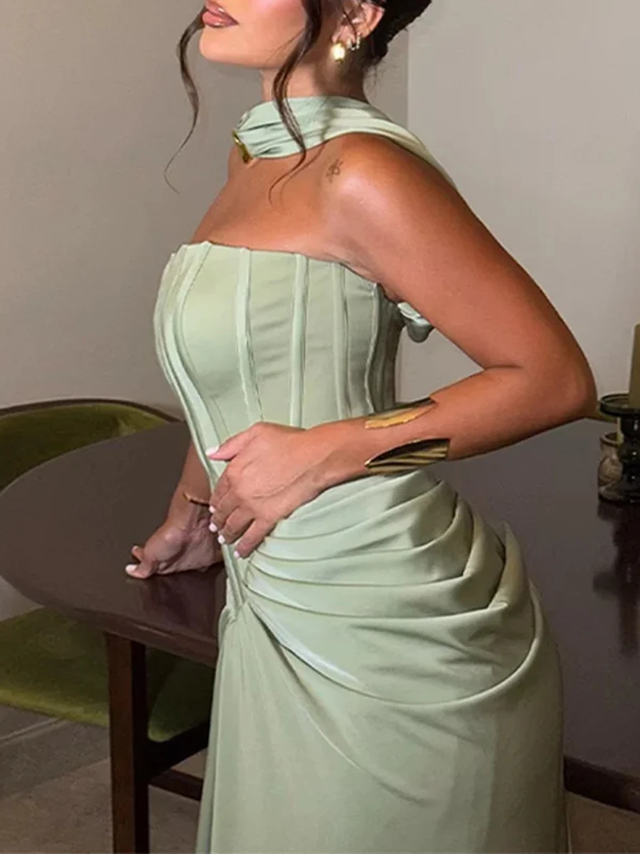 TWOTWINSTYLE Evening Prom Bodycon Maxi Dresses for Women Strapless Sleeveless High Waist Patchwork Ribbon Dress Female New Style