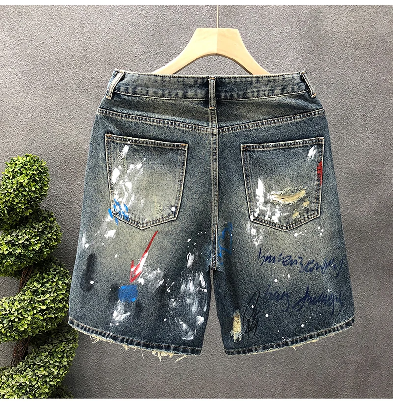 Men's Short Jeans Hip Hop Ripped Multi Color Male Denim Shorts Graphic Harajuku Vintage Knee Length Shorts Korean Fashion