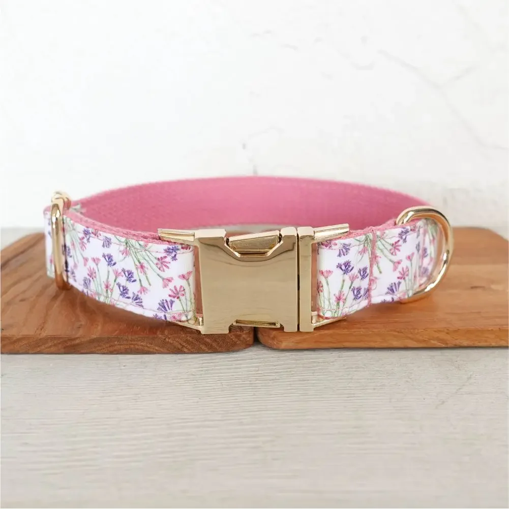 Personalized Dog Collar with Free Engraving, Matching Pet Leash,Customzied Contacts Metal Buckle,Pink Flowers Pet Collar