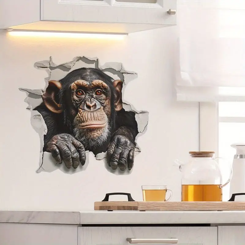 VIKAMA 3D Chimpanzee Monkey Wall Sticker Breaking Wall Effect, Self-Adhesive Peel and Stick Decal for Kitchen Decor