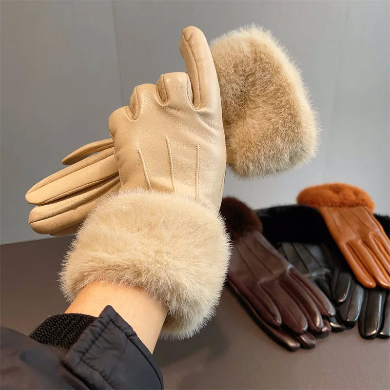 Women Winter Warm PU Leather Suede Splicing Plus Velvet Thicken Gloves Fashion Elegant Cycling Drive Touch Screen Plush Wrist