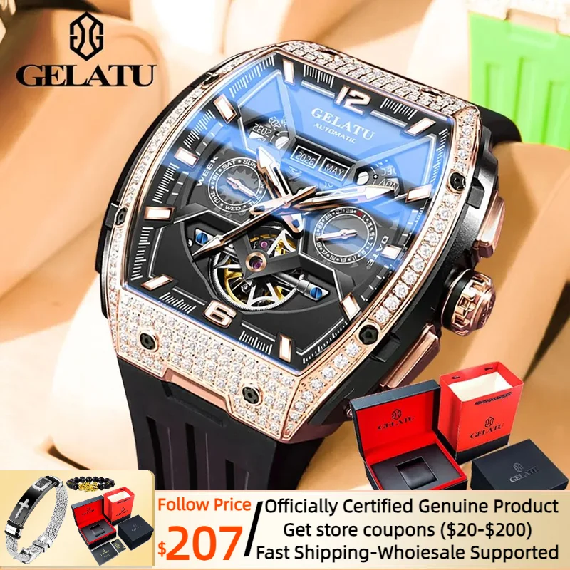 GELATU 6016 High-end Full Diamond Automatic Mechanical Watch for Men Multifunction Hollow Silicone Strap Men\'s Wristwatches