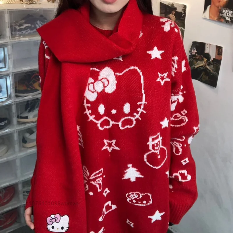 Christmas Hello Kitty Sweet Knitted Pullovers Sweater with Scarf for Women Y2k Sanrio Cute Cartoon Casual Loose Knitwear Tops