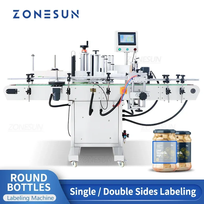 ZONESUN Etichettatrice Automatica Rotonda Bottiglia di Plastica di Vetro Doppio Lato Bevande Barattolo Fiala Imballaggio ZS-TB260S