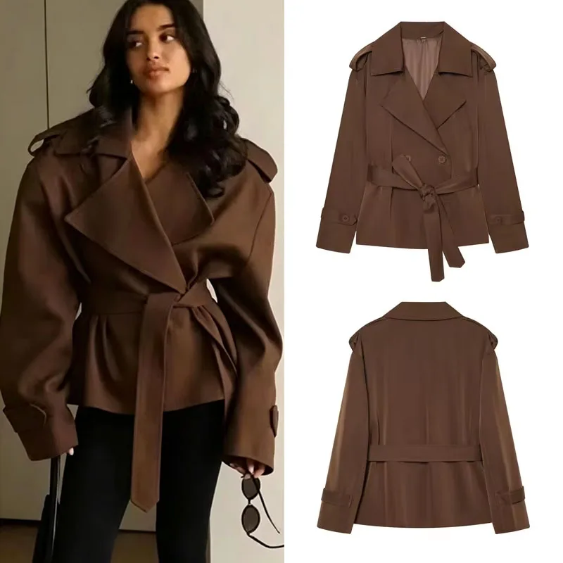 Guobioziy Women's Jacket 2026 Fall New Arrival Delicate and Simple Long-Sleeve Tie-Front Short Stand Collar Trench Coat