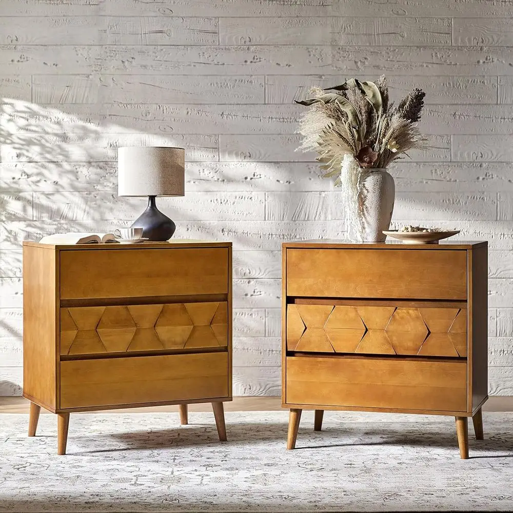 

Set of 2 Modern Geometric Nightstands, 30 Wide, with Charging Station for Bedroom, Acorn Finish