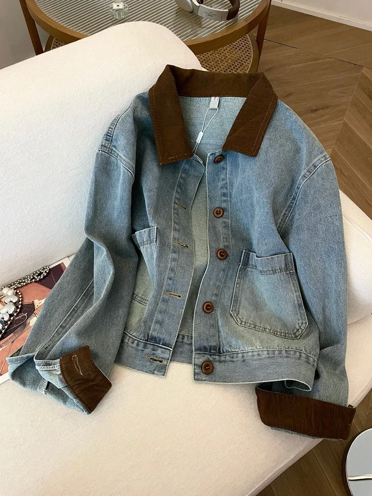 Color-blocking Design Lapel Denim Jacket Women Retro Single-breasted Short Denim Jacket Leisure Loose Jean Jacket for Women