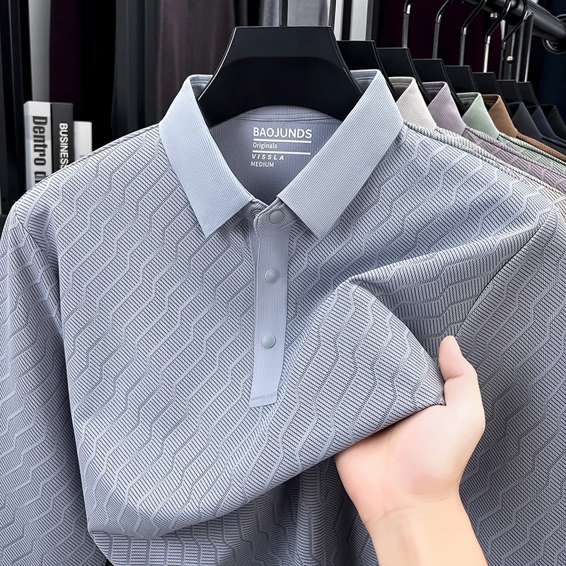 Men's Spring Autumn New Fashion Textured Polo Shirt Wrinkle Resistant Solid Color Long Sleeve Lapel T-Shirt Versatile Men's Wear