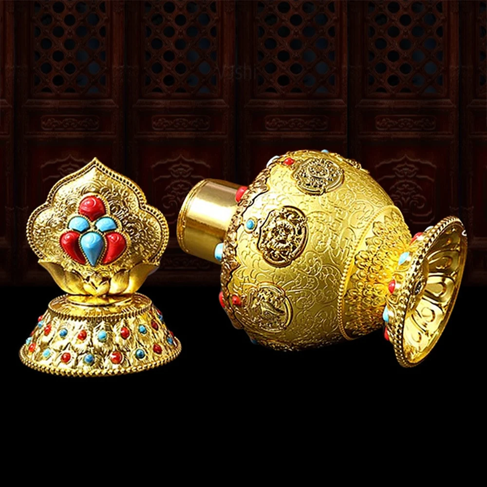 Nepal eight-auspicious treasure bottle, Handmade alloy Manibao Lotus spices bottle, Buddhism offering desktop altars ornaments