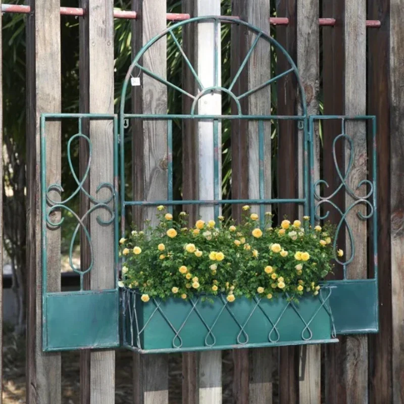 European Retro Iron Flower Rack Fake Window Design for Balcony Courtyard Wall Decoration Garden Corridor Plant Bonsai Holder