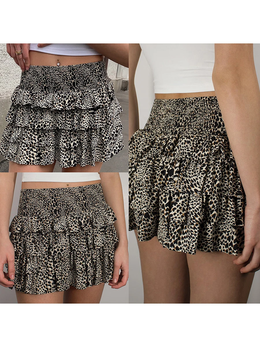 Saia feminina com estampa de leopardo, cintura alta elástica, saia curta em camadas com babados, moda streetwear verão