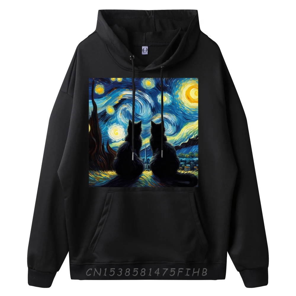 Black Cats Lover Starry Night Van Gogh Cat Mom Cat Dad Oversized Hoodies Men Autumn Mens Hoodies Design