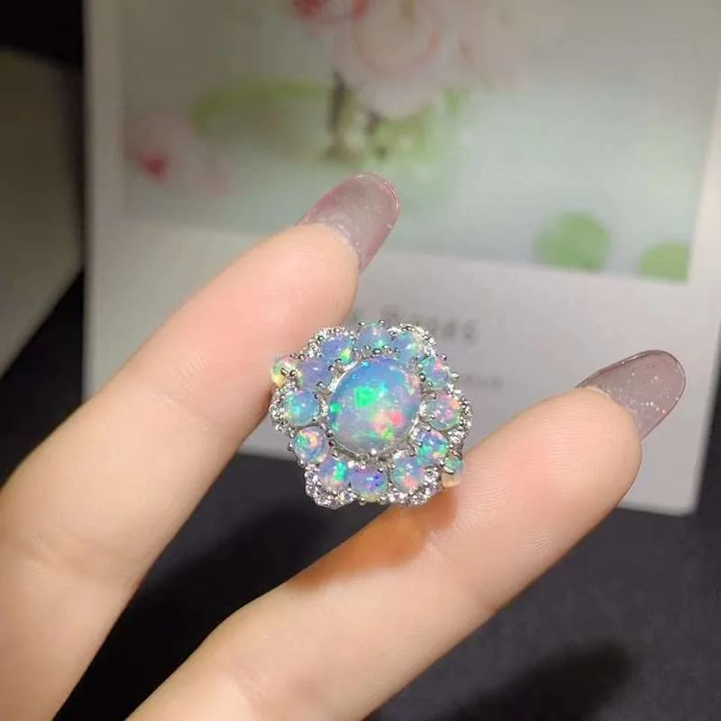 YULUM 8*10mm Australia Opal with 3mm Natural Opal Flower Design and Silver 925  Wedding Rings for Women