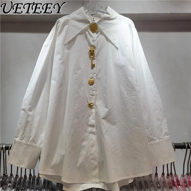 

Fashion High-End Metal Buckle Mid-Length Shirt Women 2026 Early Spring New Design Niche Oversized Loose Fit Blouses Top Trendy