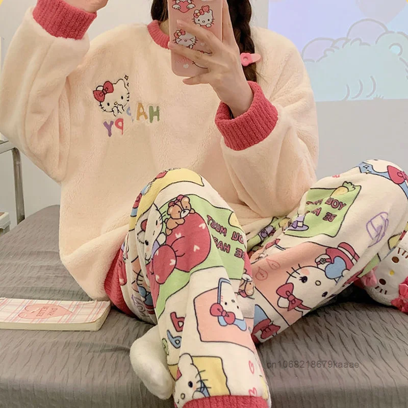 Hello Kitty New Thick Coral Velvet Cartoon Sleepwear Women Winter Fashion Warm Home Suit Set Cute Pattern Sweet Y2k Girl Pajamas