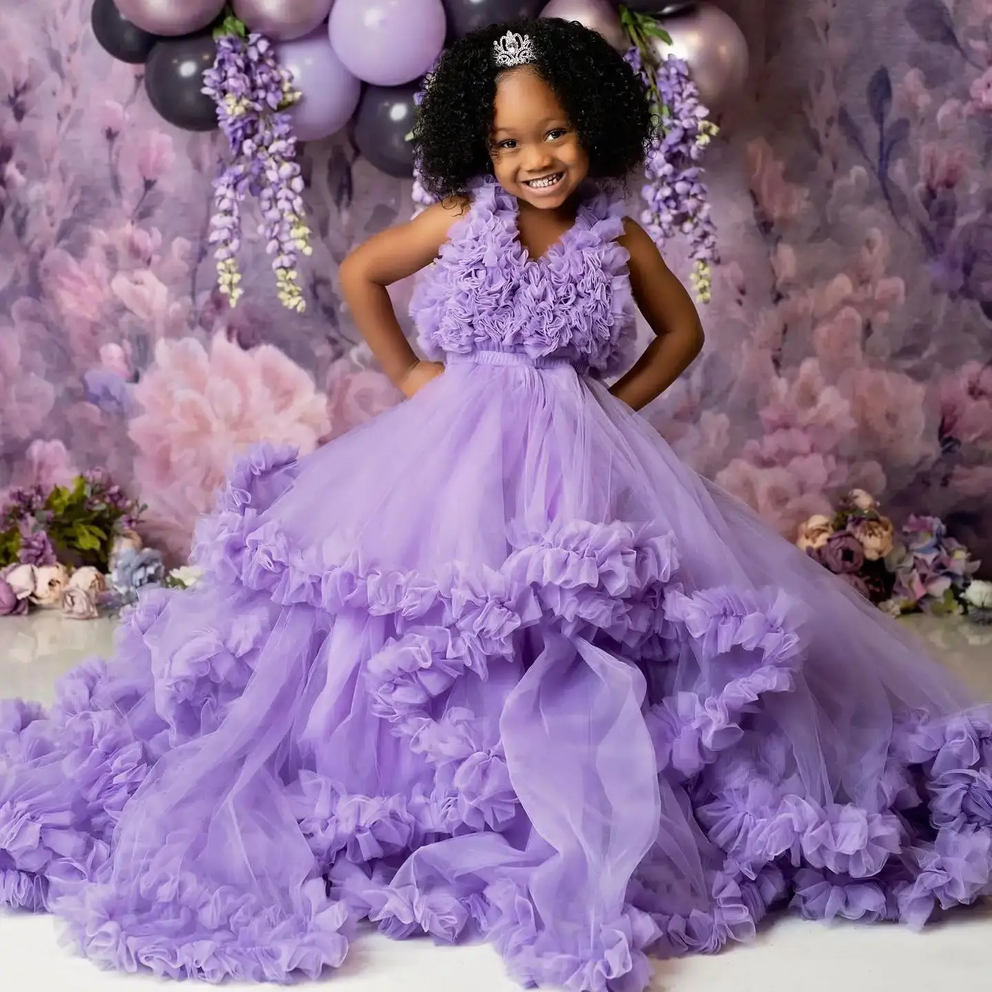 Vintage Purple Flower Girl Dresses V Neck Sleeveless Little Girls Birthday Gowns Tiered Ruffles Children Photography Robes