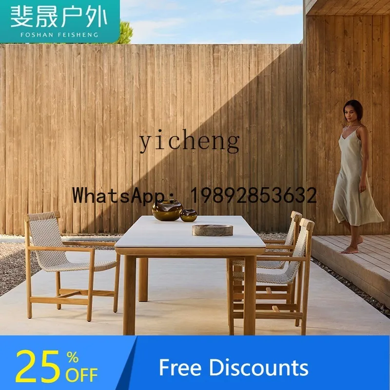 

FZ teak outdoor tables and chairs patio table villa terrace rock slab long table rattan antiseptic wood tables and chairs