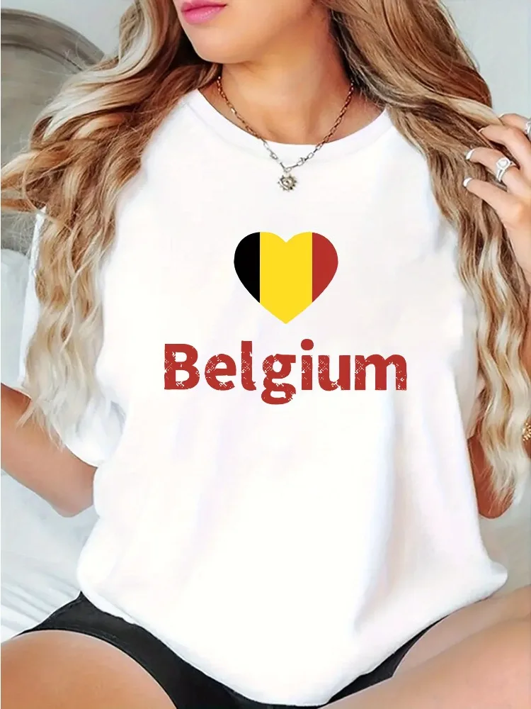 Belgium Heart Flag Print Womens Fashion T-Shirt Round Neck Short Sleeve Minimalist Casual Sports T-Shirt Comfortable Holiday Top