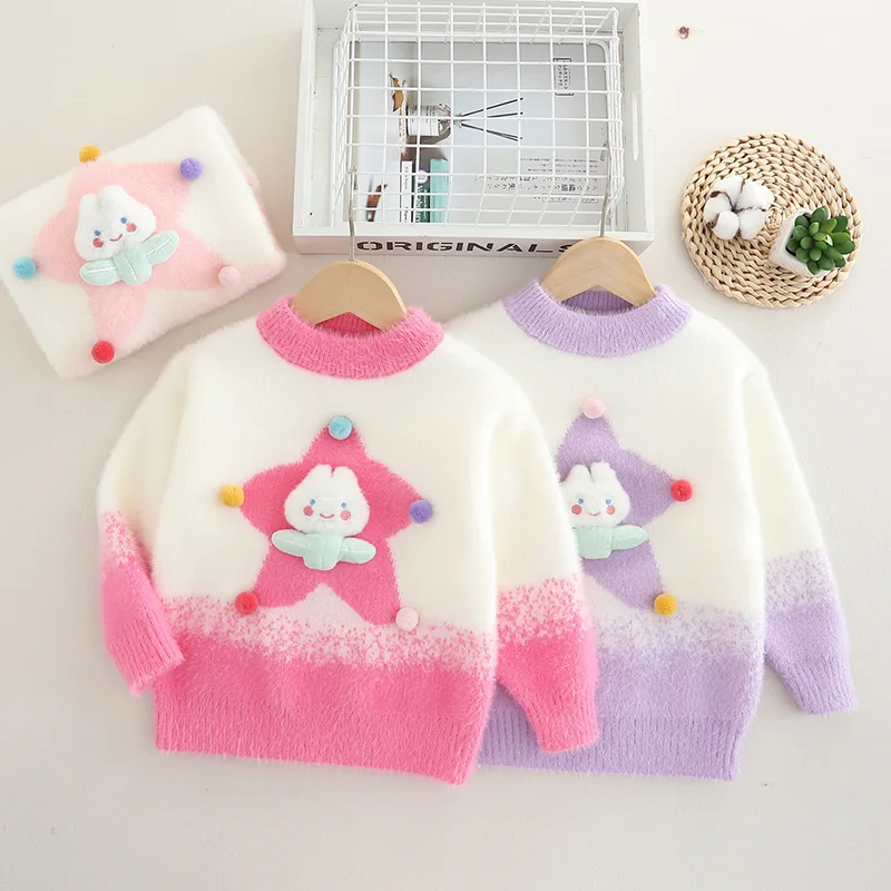 

Playful Cartoon Rabbit Pattern Kids Girls Sweaters Patchwork Star Pullover Cotton Sweatshirt Autumn Winter Bunny Outfits HY10311