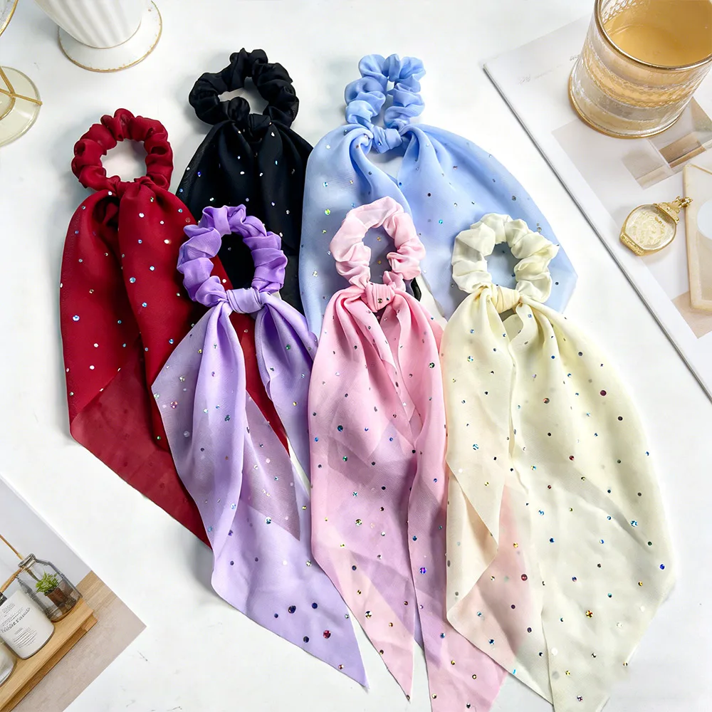 

2pcs Rhinestone Chiffon Ribbon Scrunchies, Gentle & Ethereal, For Daily Hair Tying, Dating & Party Looks