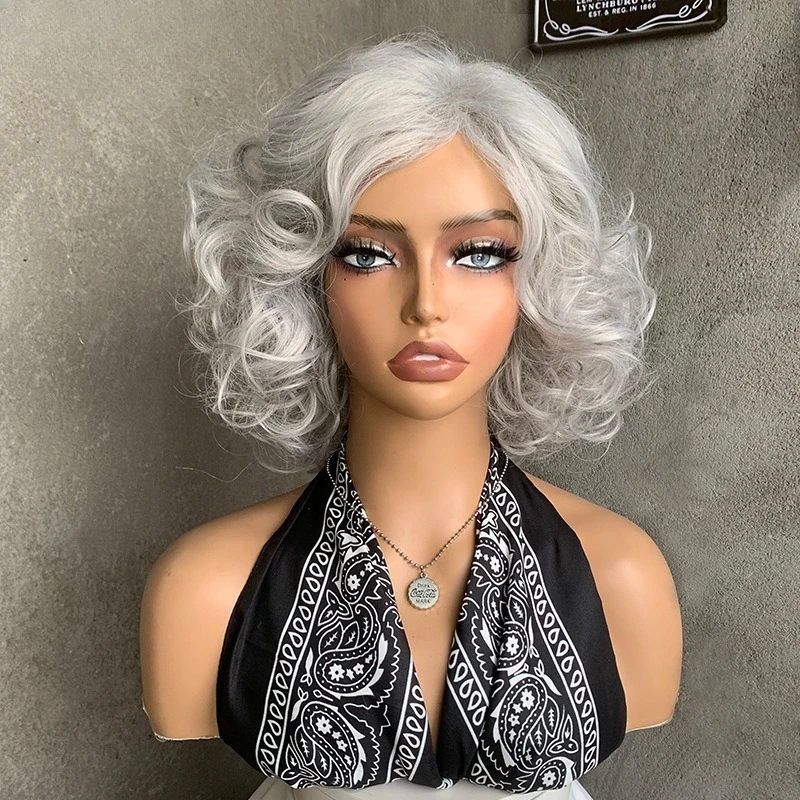 

Yin New Short Curly Hair Natural Fluffy Silver Grey Mom Hair Fashion Grandma Grey Wig Headgear