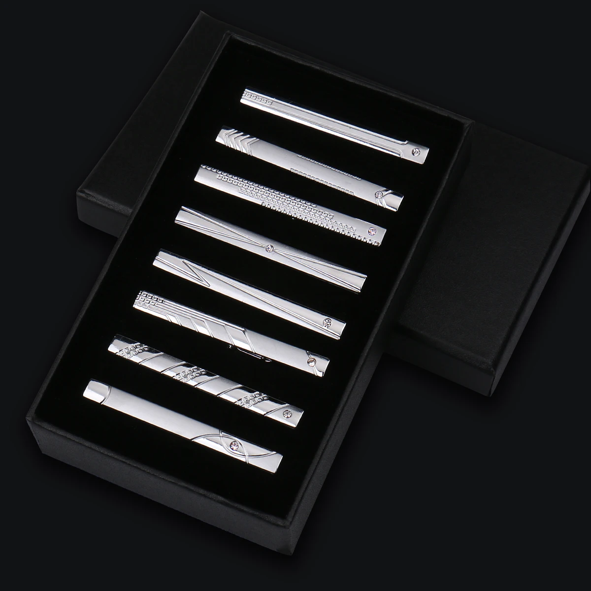 8 stuks dasspeldjes metaal diamant met doos voor mannen bruiloft heren stropdas clips set chroom roestvrij staal sieraden gentleman stropdassen pin