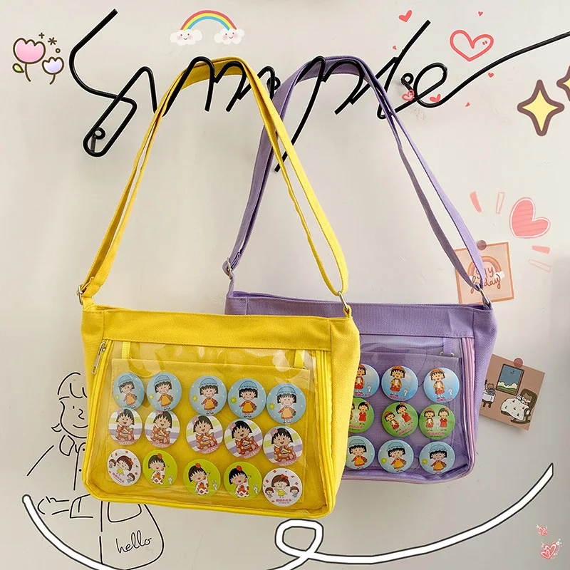 Japanese Simple Anime Creative Badge Pain Bag Canvas Personality Strap Shoulder Bag Student Transparent Crossbody Itabag IB053