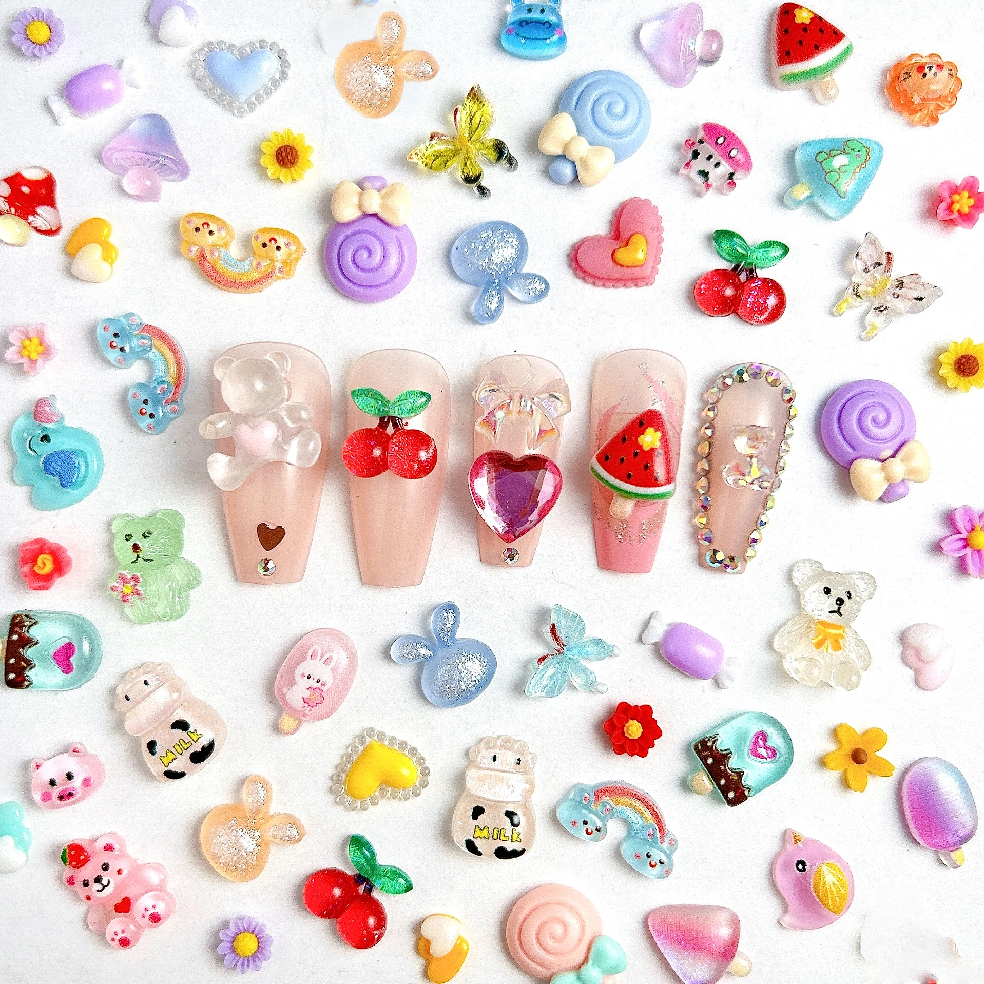 Losowo mieszane dopaminowe kolorowe króliki świnki ptak ozdoby do paznokci żywica kwiat cukierki kokardka zawieszki do paznokci dostarcza Manicure DIY