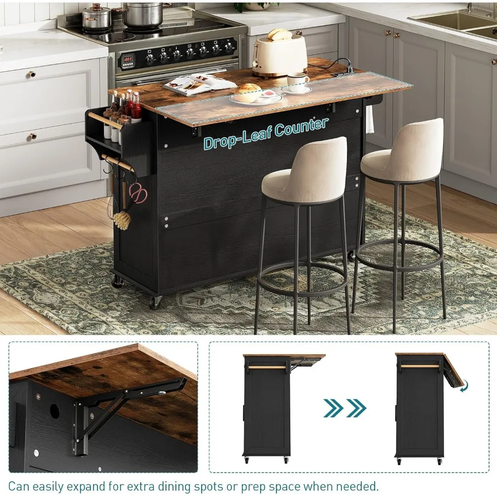 Kitchen Island with Drop Leaf, Kitchen Cart with Charging Station, Kitchen Table with Storage, Rolling Island Table with 3 Drawe