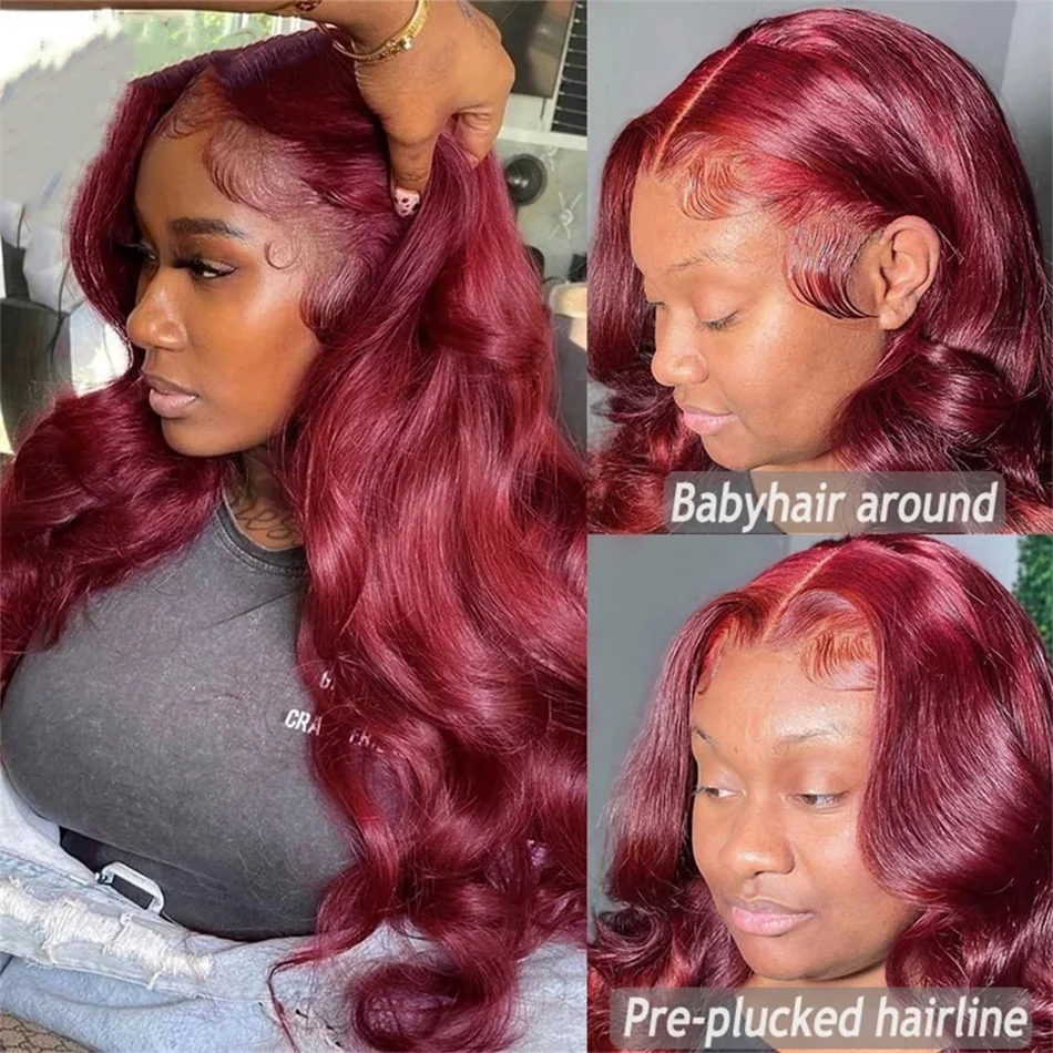 Perruque Lace Front Wig Body Wave Brésilienne Naturelle, Cheveux Humains, Couleur Bordeaux 99J, Transparent HD, 360, pour Femme