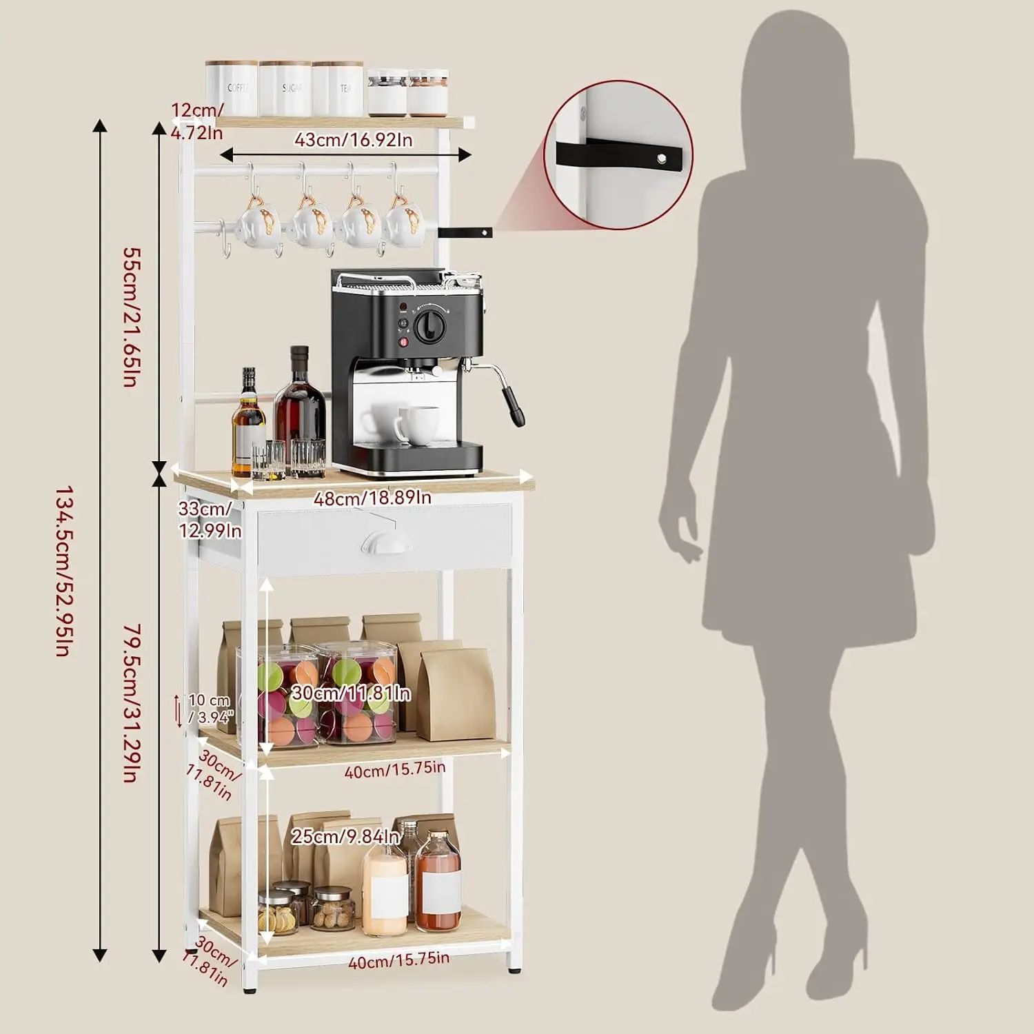 محطة بار قهوة قابلة للتعديل مكونة من 5 طبقات مع أدراج وخطافات قماشية للمطبخ أو غرفة المعيشة