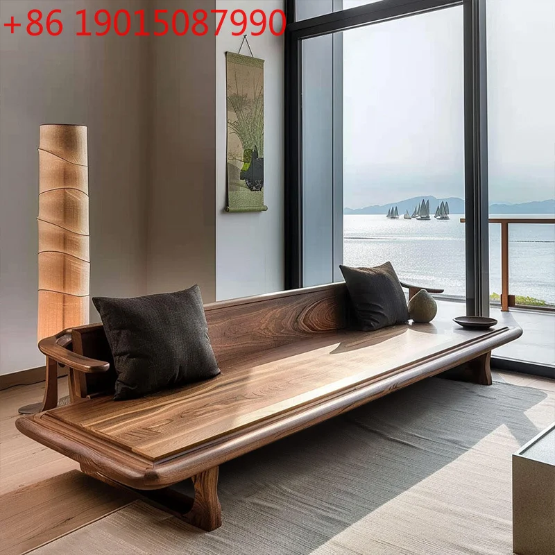 

Solid wood sofa walnut modern simple living room home straight three-person sofa