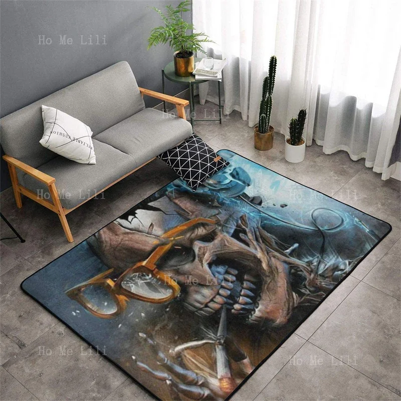 Cool Rose Skull Smoking Headphone Print Flannel Floor Rug Non Slip Ultra Soft For Living Room Bedroom Carpet Indoor Outdoor