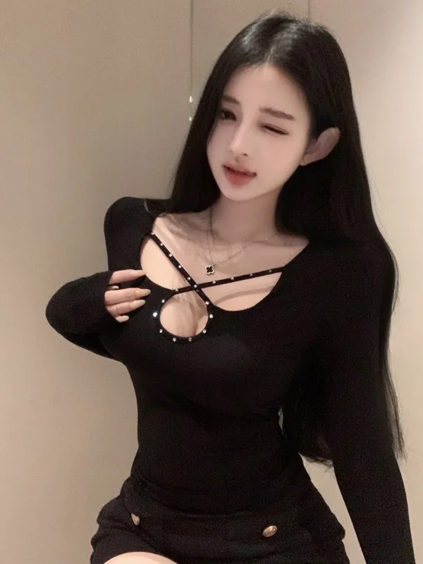 Sexy Hollow out Cross Tie Long Sleeve T-Shirt Diamond Glitter Slim Fit Top for Young Women City Walk Autumn Fashion Trend