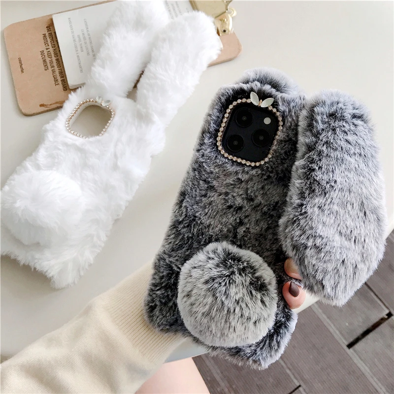 Soft Plush Phone Case For Xiaomi Redmi Note 12 Pro Note 11 10s 9s 8t 7 6 5 4X Redmi 12C Furry Rabbit Bunny Warm Fur Hair Cover