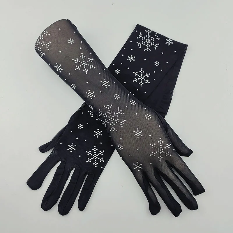 

Sexy Black Lace Glove 55CM Long Thin Elastic Mesh Snowflake Shiny Rhinestone Halloween Makeup Party Costumes Accessories Cosplay