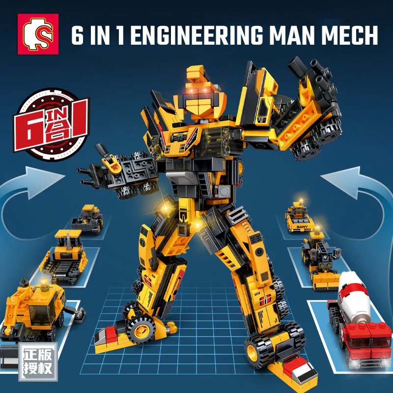 SEMBO 6IN1 Heavy Engineering Man Transformation Mecha Building Blocks City Construction Vehicle Robot Bricks Kids Toys Boys Gift