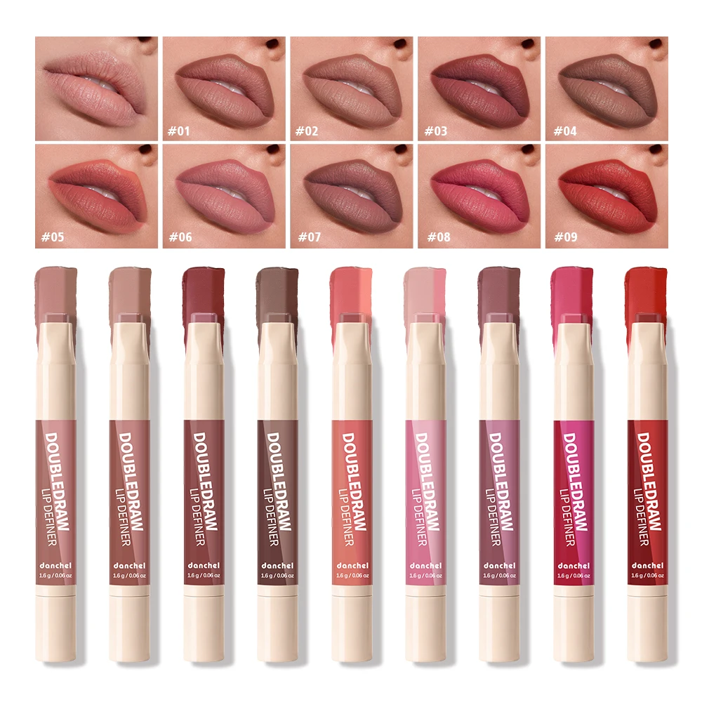 2 In 1 Lip Contour Liner & Lip Gloss Matte Velvet Texture Transfer Resistant Rich Color Hydrating All Skin Tone Lip Beauty Makeu
