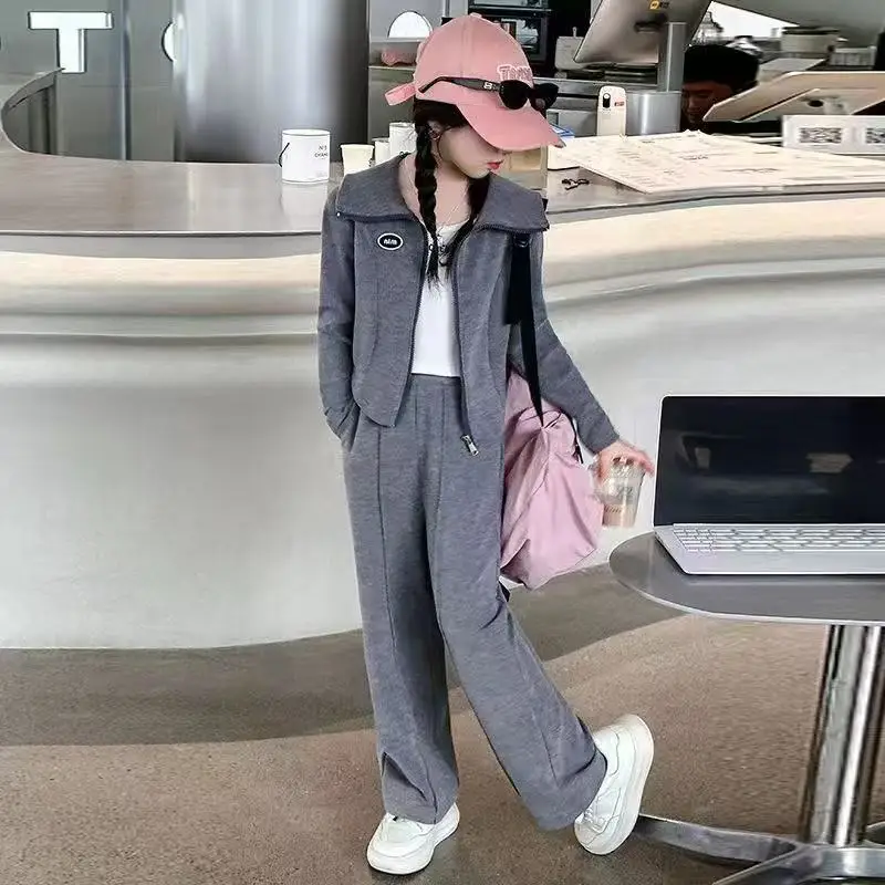 

Girls' Spring and Autumn Set 2025 New Mid sized Children's Clothing Girls' Sports cardigan+Wide Leg Pants Two piece Set Trendy