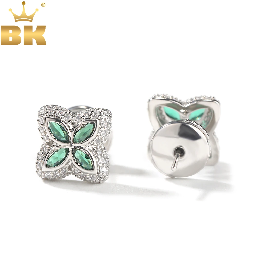 THE BLING KING Four Leaf Clover Earrings Iced Out Green Cubic Zirconia Punk Stud Earring  Hiphop Jewelry For Gift