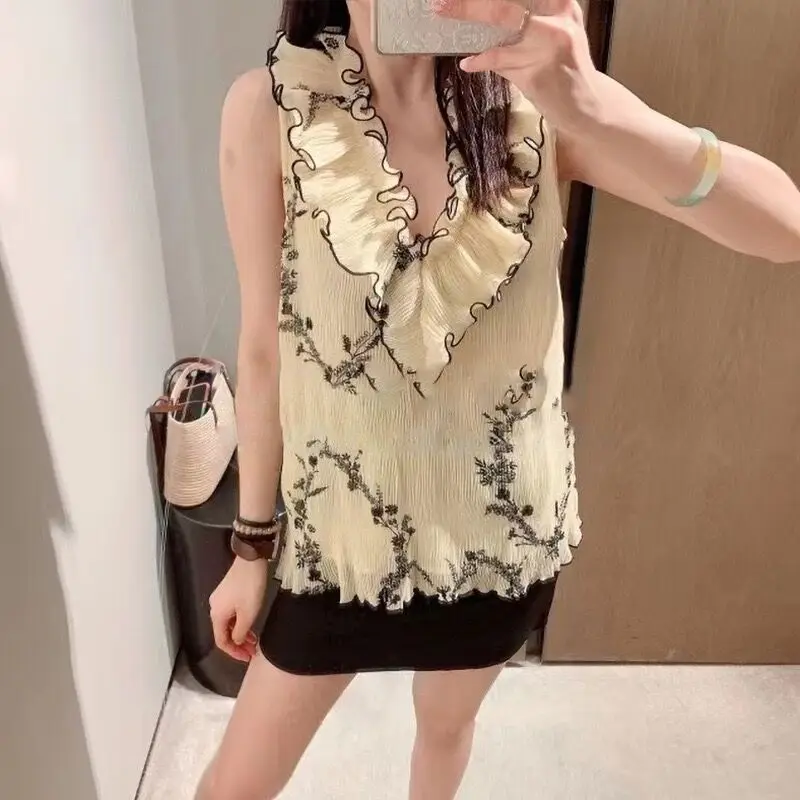 

Летний элегантный жилет с v-образным вырезом и свежим цветочным принтом, женский французский стиль, темпераментный воротник с рюшами, плиссированная шифоновая рубашка с принтом, большой размер 5XL