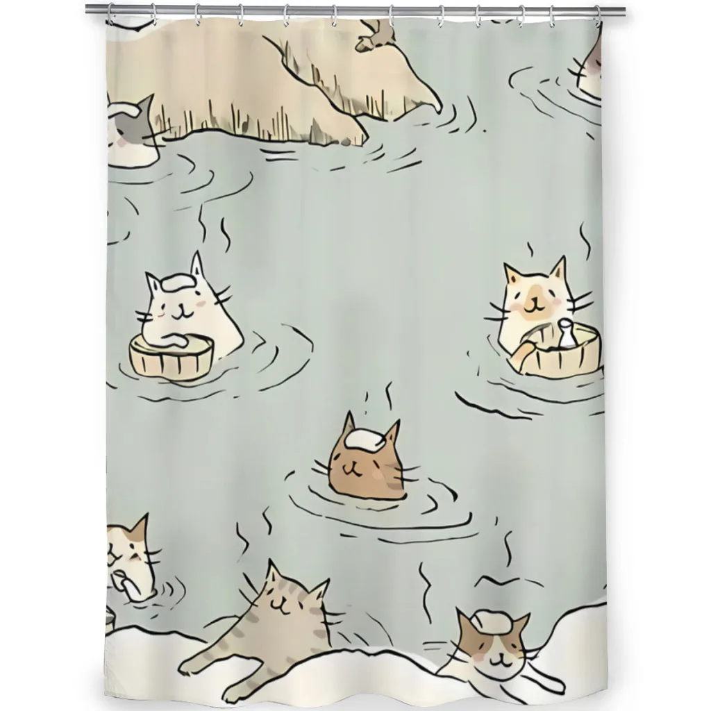 Cat Onsen Bathroom Shower Curtains Waterproof Partition Creative Home Decor Bathroom Accessories