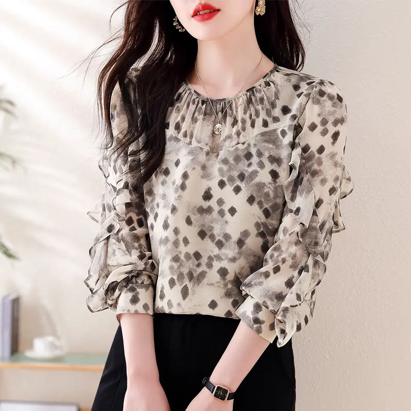 Vintage Printed O-Neck Spliced Butterfly Sleeve Shirts Women\'s Clothing 2024 Autumn New Loose Office Lady Tops Chic Blouses